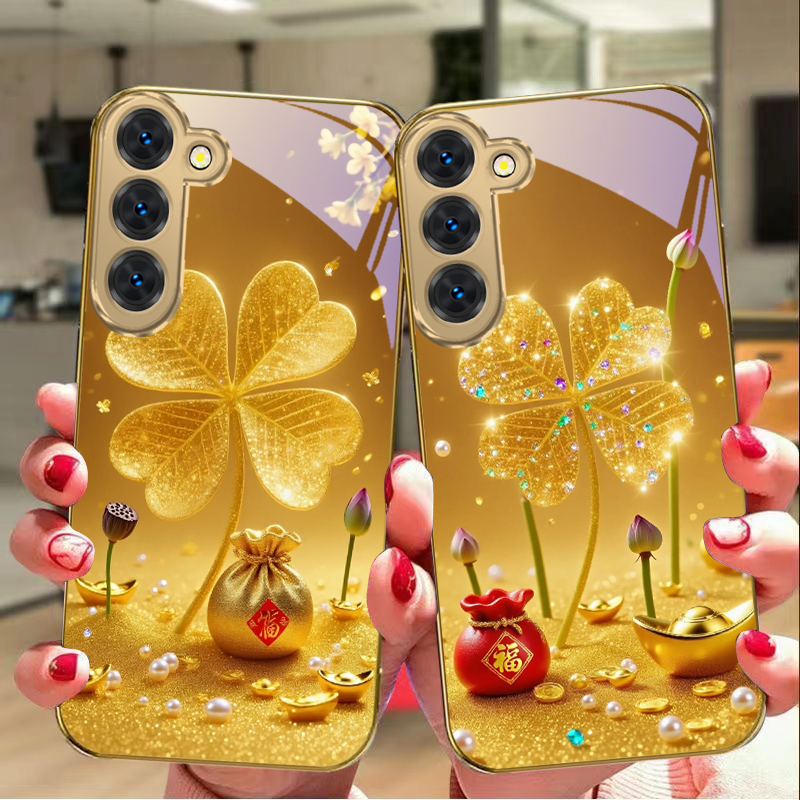 Samsung Galaxy S25 - เคสโทรศัพท์มือถือลายโคลเวอร์สีทองขนาดใหญ่ สำหรับ Samsung Galaxy S26 S20