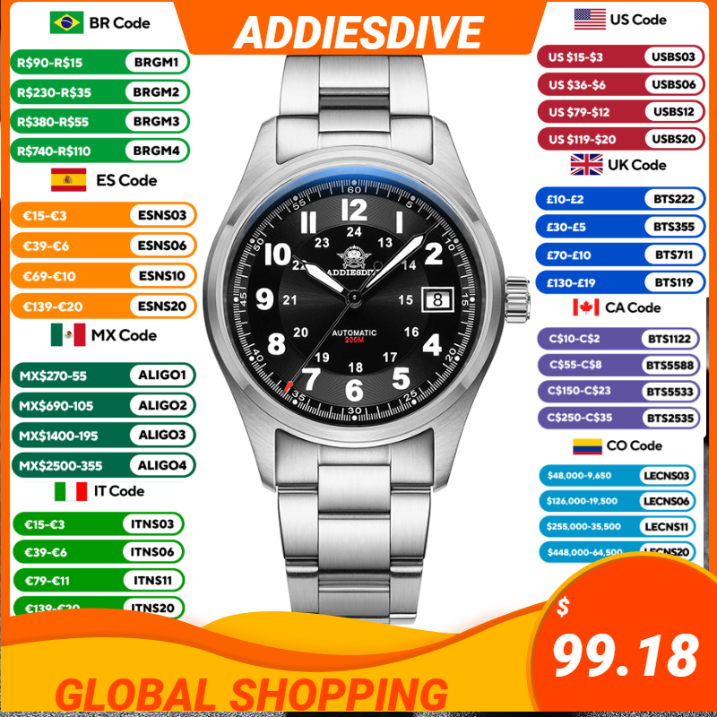 Anti Blue Light Film - ADDIESDIVE คลาสสิค ออโตเมติก เมคานิคอลนาฬิกาผู้ชาย 8215 หน้าปัดสีดำ/สีขาวนาฬิกาข้อมือ