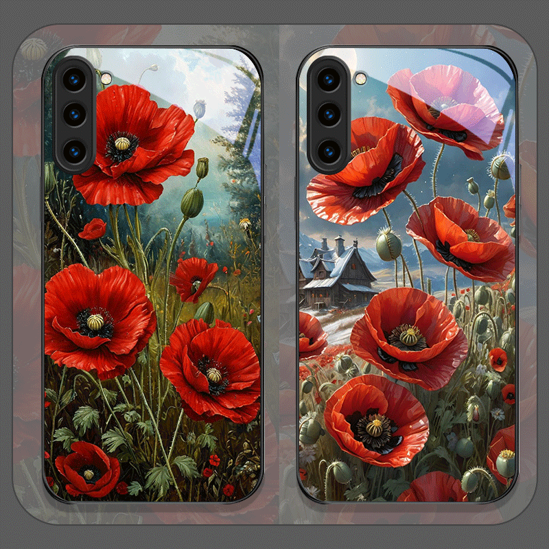 Samsung Galaxy S25 - เคสโทรศัพท์มือถือลายดอกป๊อปปี้เรโทรสีแดงสดพิมพ์บนกระจกนิรภัยสำหรับ Samsung Galaxy S26 S25 Ultra