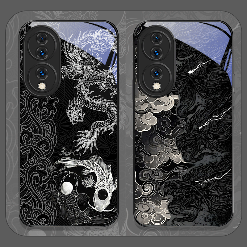 Huawei Mate 60 - เคสโทรศัพท์กระจกนิรภัยพิมพ์ลายมังกรสีดำสุดเท่สำหรับ Huawei Nova 13 12 11